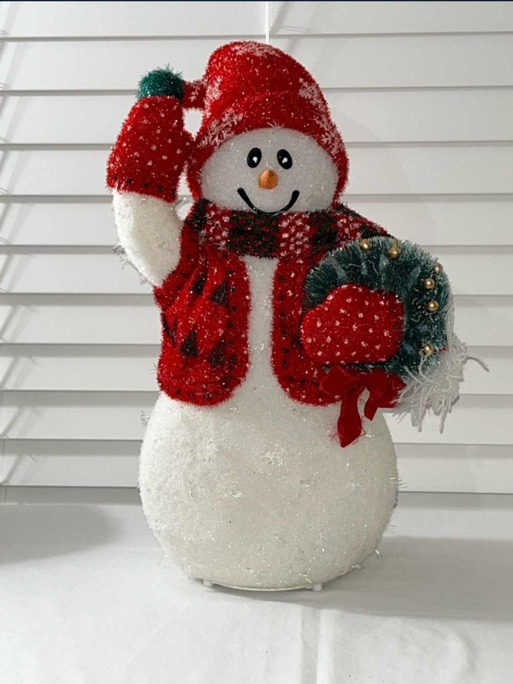 Festive Red Snowman Holiday Figurine with Wreath That Lights Up